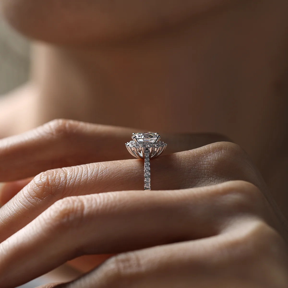 Sunflower-inspired engagement ring featuring 2ct moissanite and delicate silver band