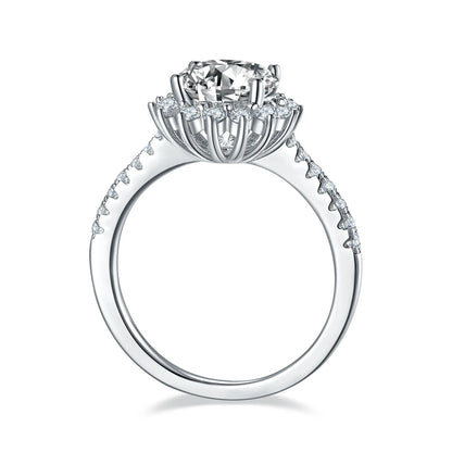 Sunflower-inspired engagement ring featuring 2ct moissanite and delicate silver band
