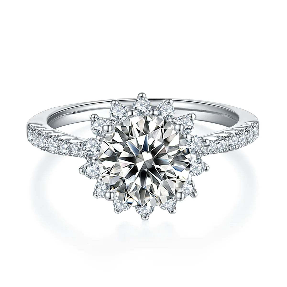Sunflower-inspired engagement ring featuring 2ct moissanite and delicate silver band