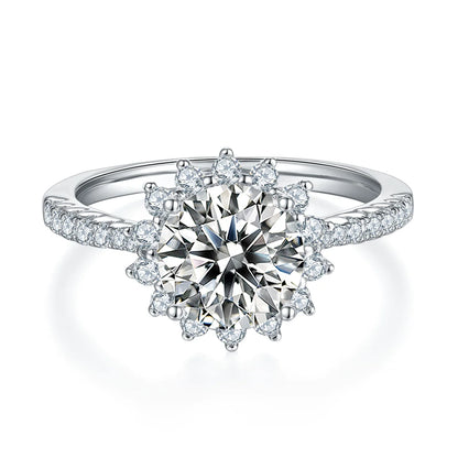 Sunflower-inspired engagement ring featuring 2ct moissanite and delicate silver band