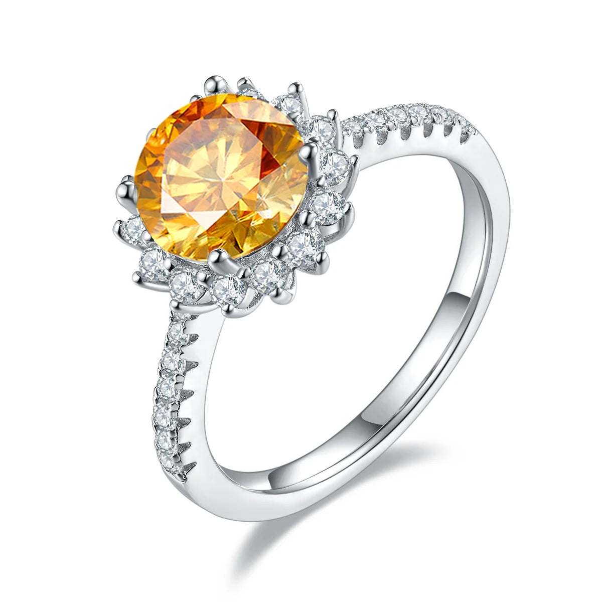 Sunflower-inspired engagement ring featuring 2ct moissanite and delicate silver band