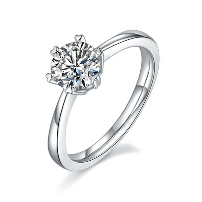 1ct round moissanite six-prong engagement ring in 925 silver with 18K white gold plating, heart-shaped prongs