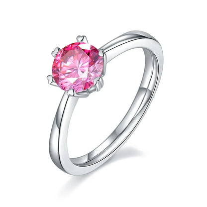 1ct round moissanite six-prong engagement ring in 925 silver with 18K white gold plating, heart-shaped prongs