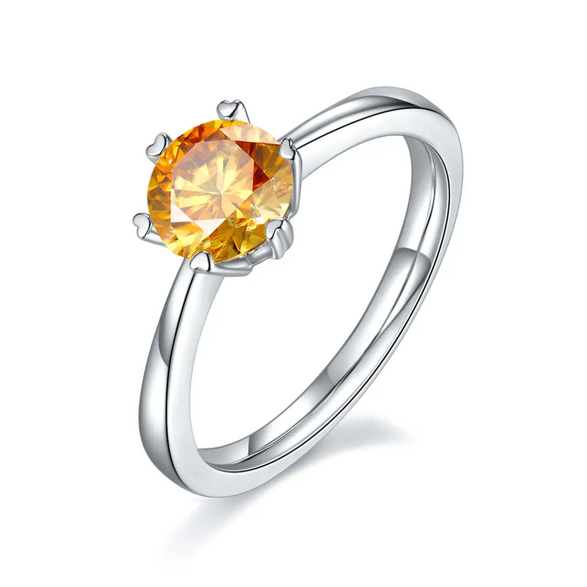 1ct round moissanite six-prong engagement ring in 925 silver with 18K white gold plating, heart-shaped prongs