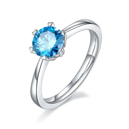 1ct round moissanite six-prong engagement ring in 925 silver with 18K white gold plating, heart-shaped prongs