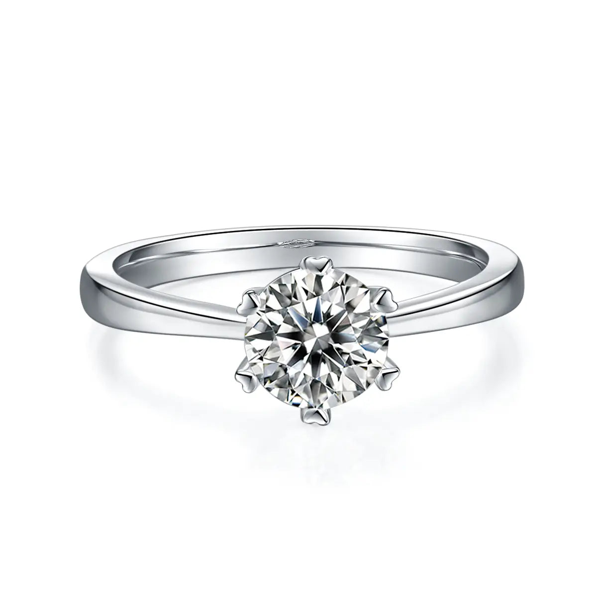 1ct round moissanite six-prong engagement ring in 925 silver with 18K white gold plating, heart-shaped prongs