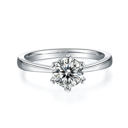 1ct round moissanite six-prong engagement ring in 925 silver with 18K white gold plating, heart-shaped prongs