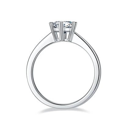 1ct round moissanite six-prong engagement ring in 925 silver with 18K white gold plating, heart-shaped prongs