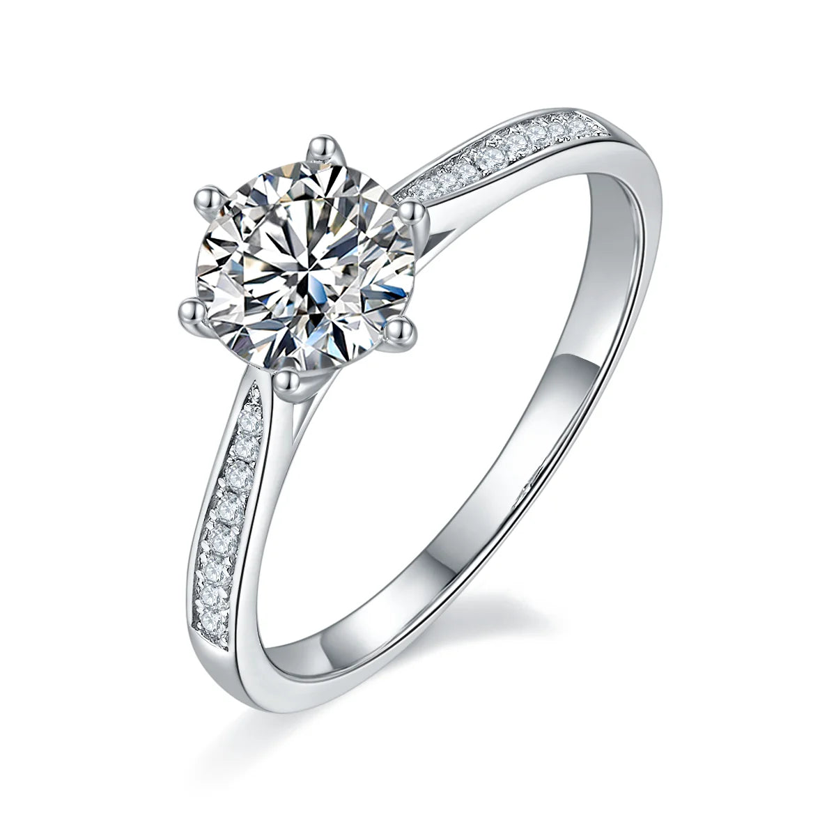 1ct Round Moissanite Heart-Prong Pave Ring in 925 Sterling Silver with 18K White Gold Plating, featuring heart-shaped six prongs and sparkling pave band.
