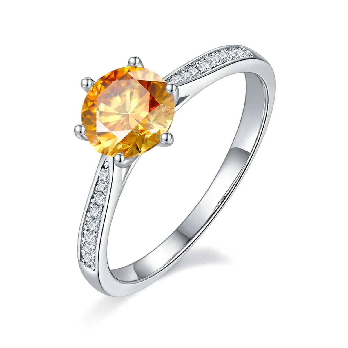 1ct Round Moissanite Heart-Prong Pave Ring in 925 Sterling Silver with 18K White Gold Plating, featuring heart-shaped six prongs and sparkling pave band.