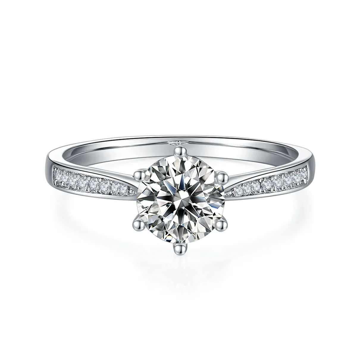 1ct Round Moissanite Heart-Prong Pave Ring in 925 Sterling Silver with 18K White Gold Plating, featuring heart-shaped six prongs and sparkling pave band.