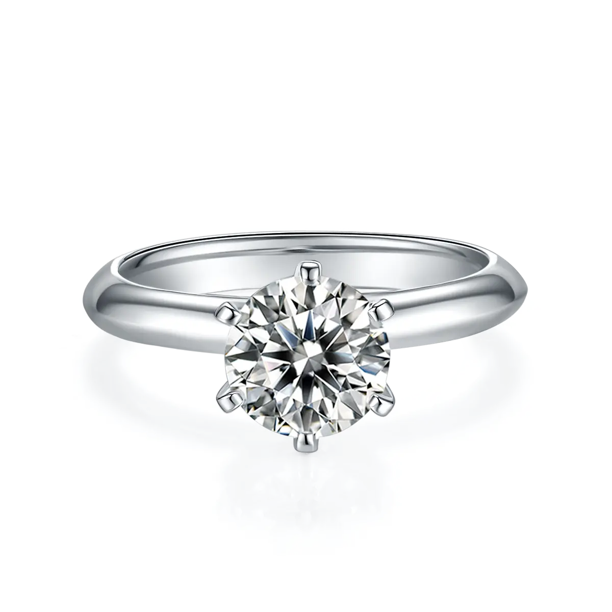 1.5ct round moissanite ring with classic six-prong setting in 925 sterling silver and 18K white gold plating, elegant and timeless design