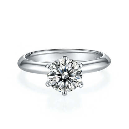 1.5ct round moissanite ring with classic six-prong setting in 925 sterling silver and 18K white gold plating, elegant and timeless design