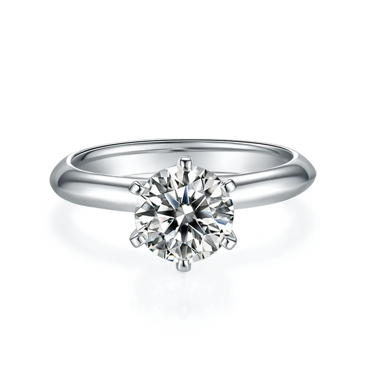 1.5ct round moissanite ring with classic six-prong setting in 925 sterling silver and 18K white gold plating, elegant and timeless design