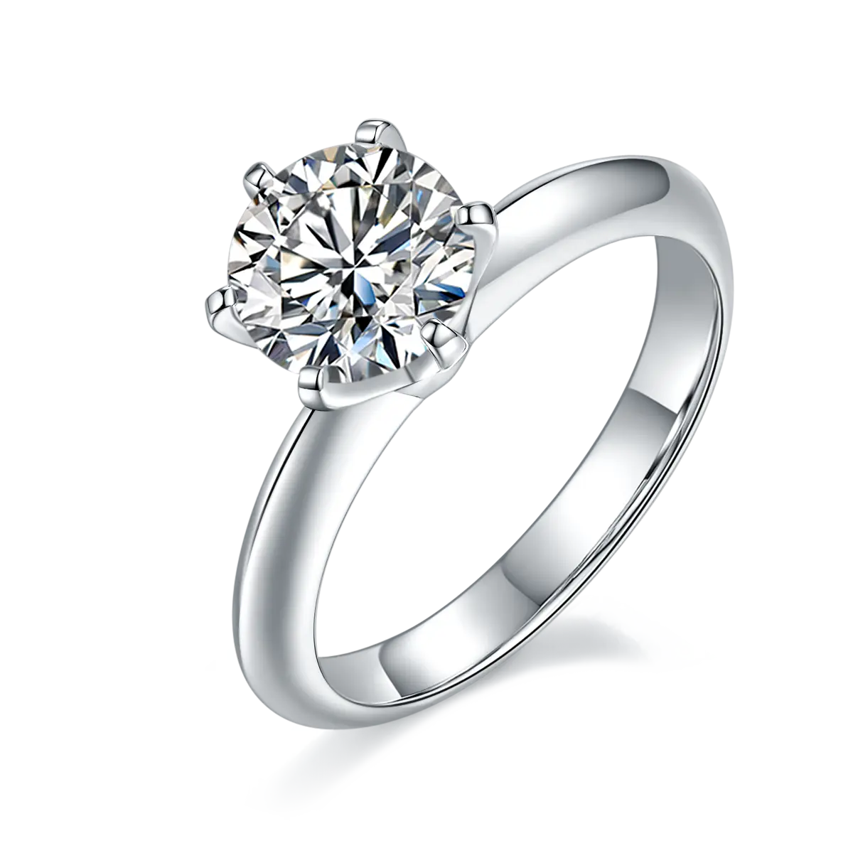 1.5ct round moissanite ring with classic six-prong setting in 925 sterling silver and 18K white gold plating, elegant and timeless design