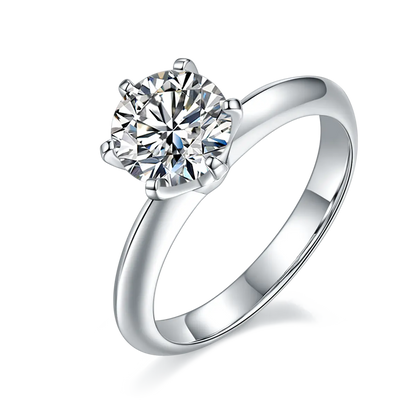 1.5ct round moissanite ring with classic six-prong setting in 925 sterling silver and 18K white gold plating, elegant and timeless design