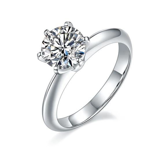 1.5ct round moissanite ring with classic six-prong setting in 925 sterling silver and 18K white gold plating, elegant and timeless design