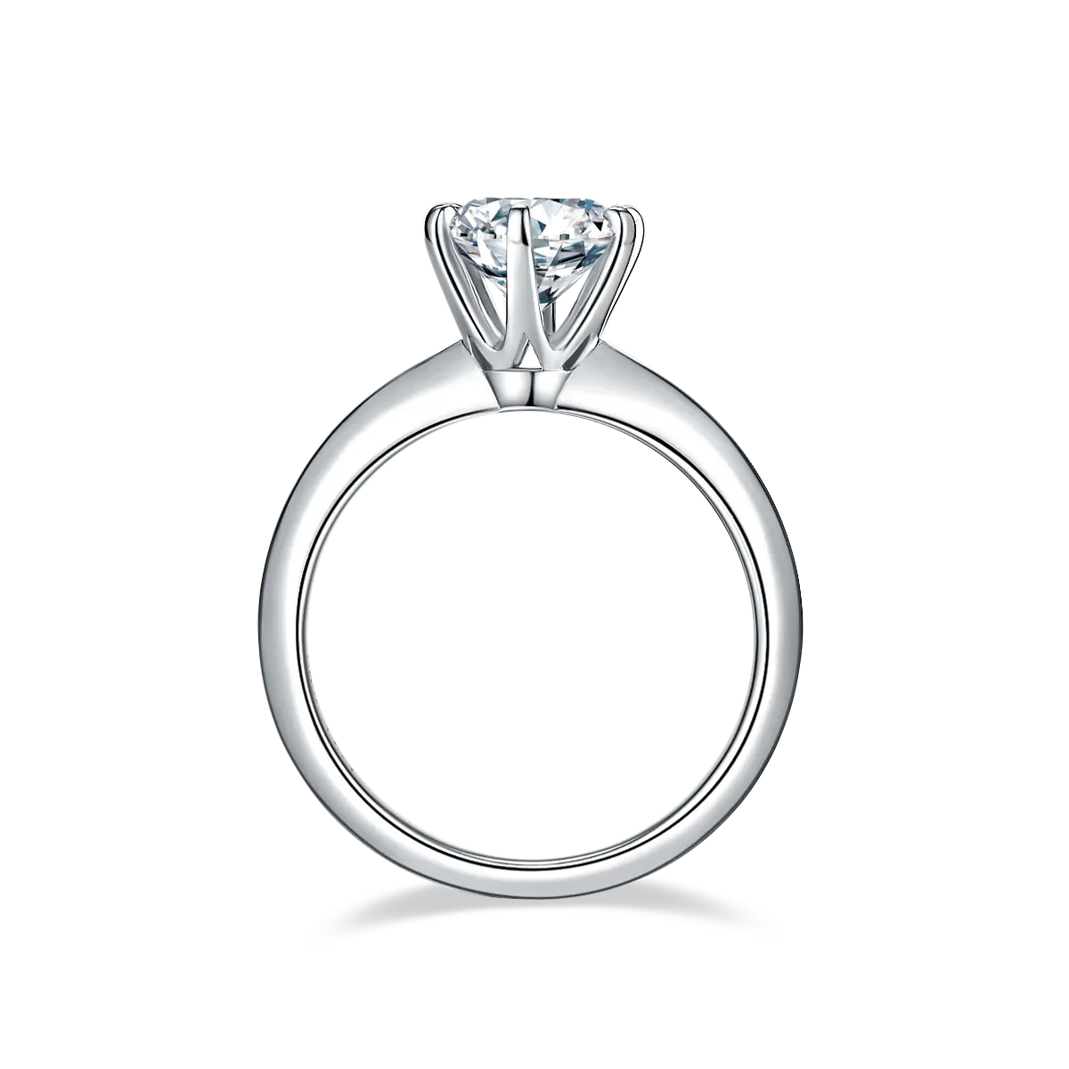 1.5ct round moissanite ring with classic six-prong setting in 925 sterling silver and 18K white gold plating, elegant and timeless design