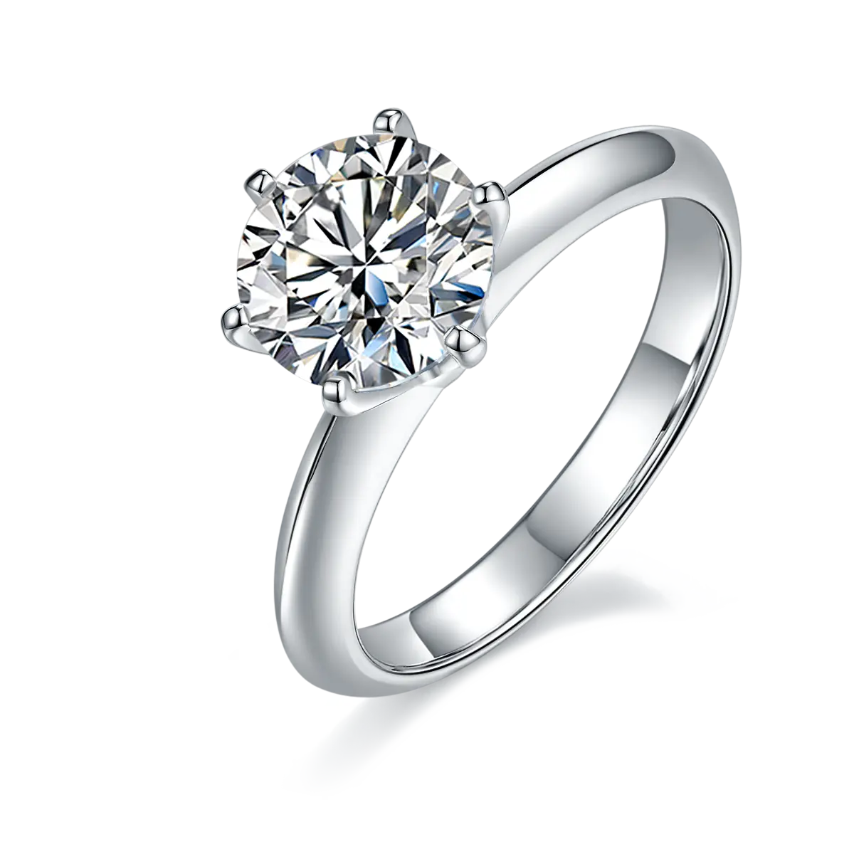 2ct round moissanite ring with classic six-prong setting in 925 sterling silver and 18K white gold plating, elegant and timeless engagement style