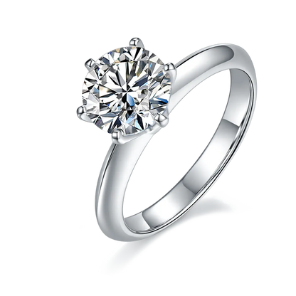 2ct round moissanite ring with classic six-prong setting in 925 sterling silver and 18K white gold plating, elegant and timeless engagement style