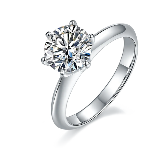 2ct round moissanite ring with classic six-prong setting in 925 sterling silver and 18K white gold plating, elegant and timeless engagement style