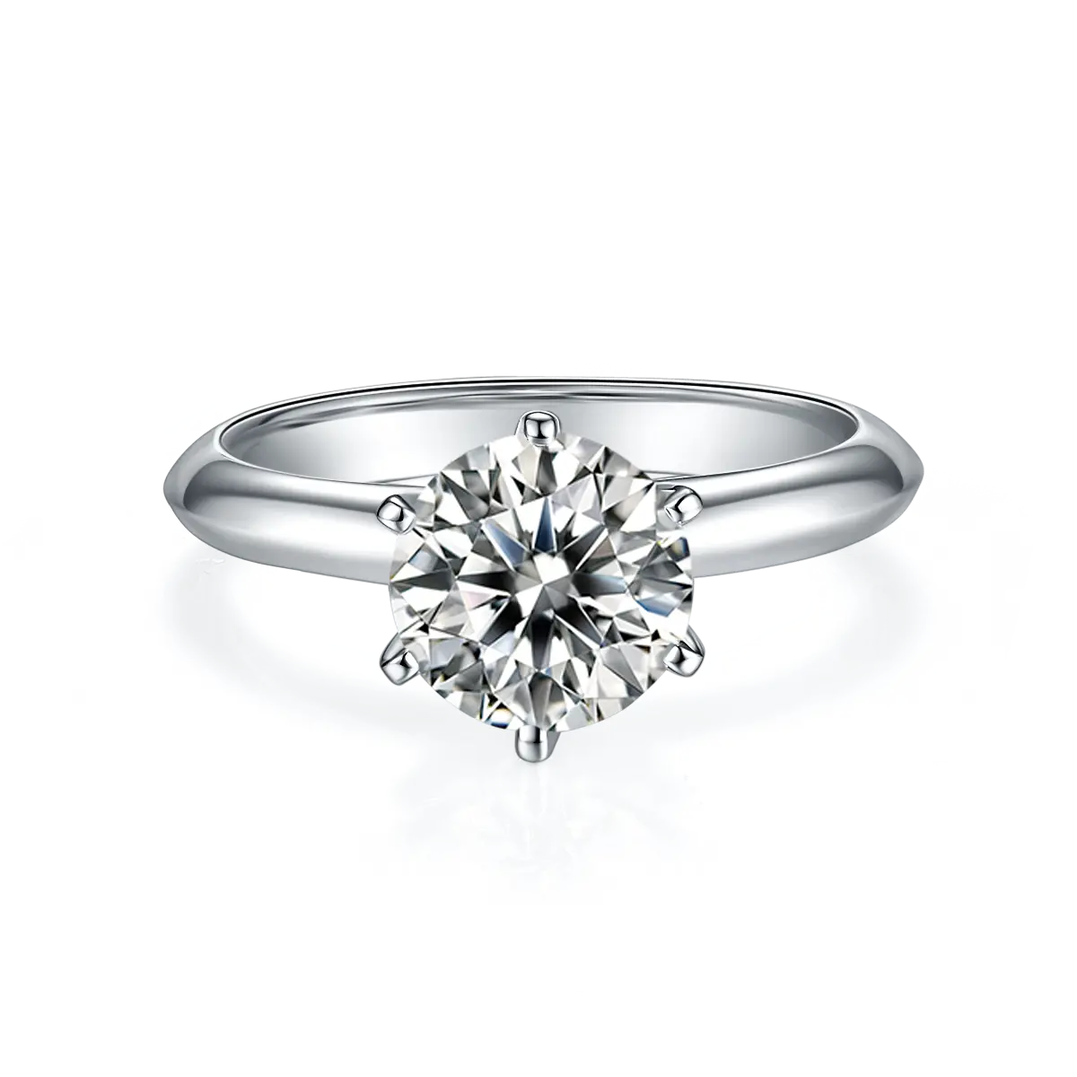 2ct round moissanite ring with classic six-prong setting in 925 sterling silver and 18K white gold plating, elegant and timeless engagement style