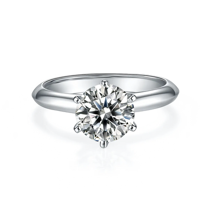 2ct round moissanite ring with classic six-prong setting in 925 sterling silver and 18K white gold plating, elegant and timeless engagement style