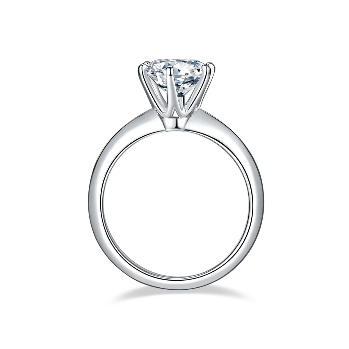 2ct round moissanite ring with classic six-prong setting in 925 sterling silver and 18K white gold plating, elegant and timeless engagement style