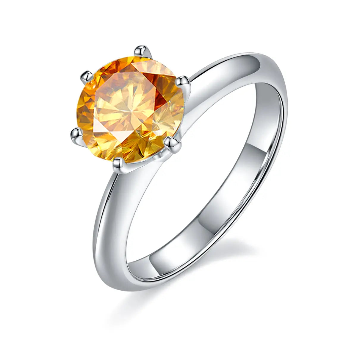 2ct round moissanite ring with classic six-prong setting in 925 sterling silver and 18K white gold plating, elegant and timeless engagement style