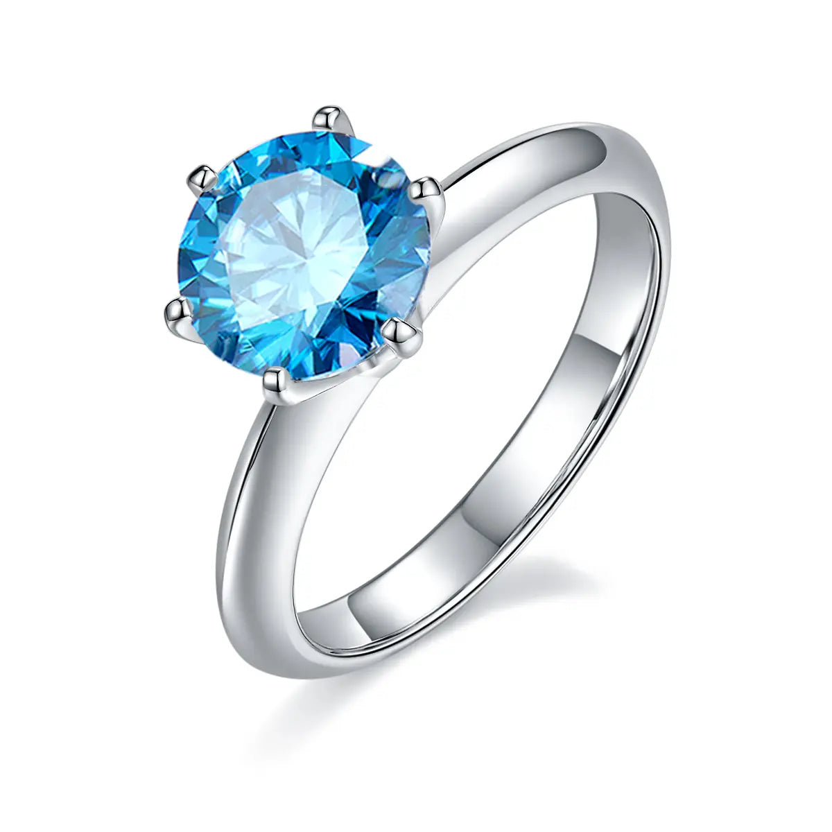 2ct round moissanite ring with classic six-prong setting in 925 sterling silver and 18K white gold plating, elegant and timeless engagement style