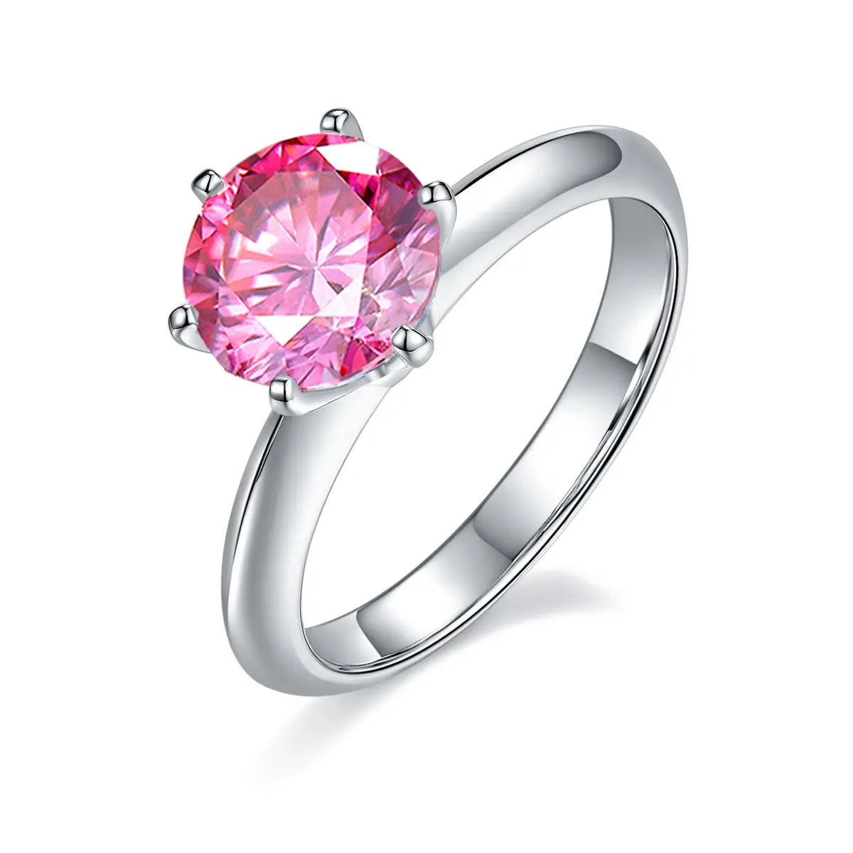 2ct round moissanite ring with classic six-prong setting in 925 sterling silver and 18K white gold plating, elegant and timeless engagement style