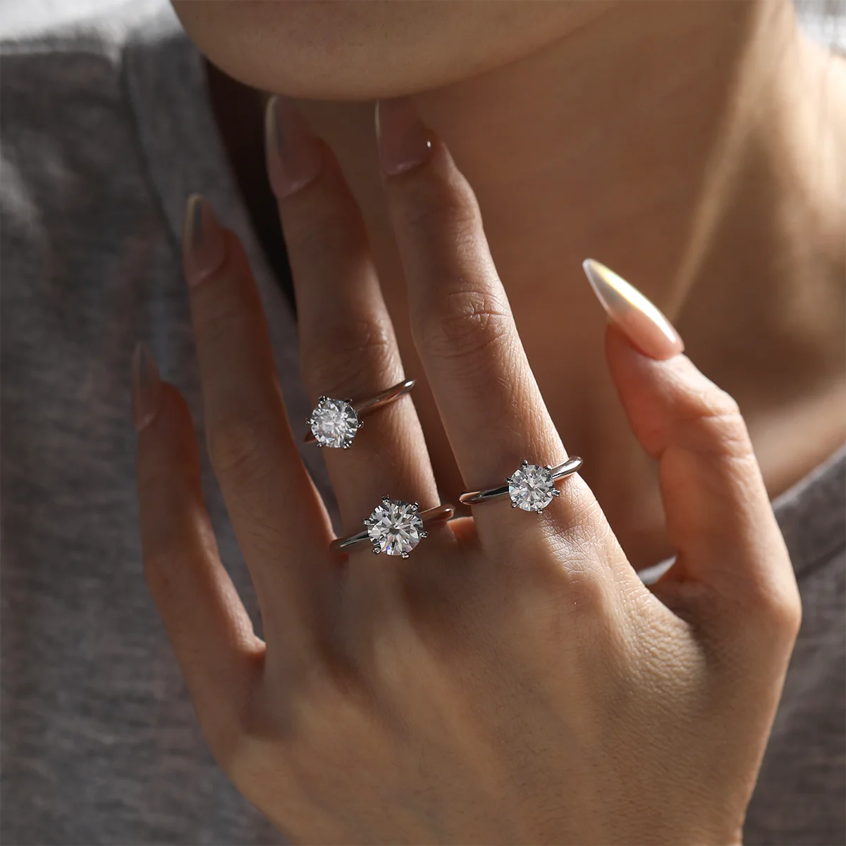 3ct Round Moissanite Classic Six-Prong Engagement Ring in 925 Sterling Silver with 18K White Gold Plating – Elegant and Timeless Sparkle