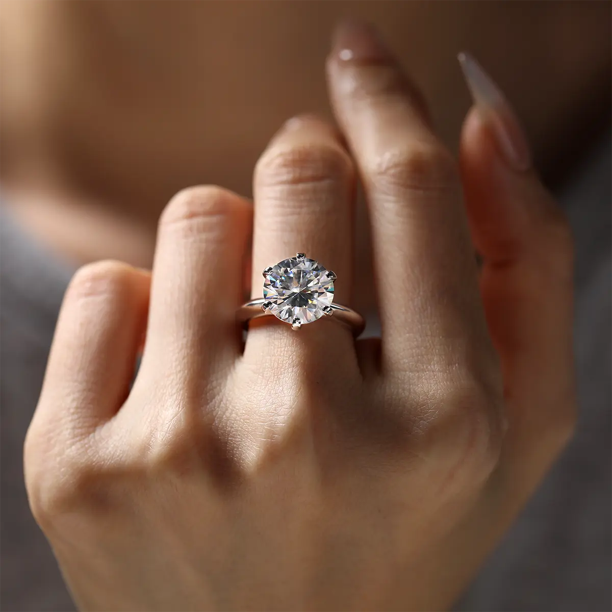 5ct Round Moissanite Classic Six-Prong Engagement Ring in 925 Sterling Silver with 18K White Gold Plating – Luxurious Sparkle