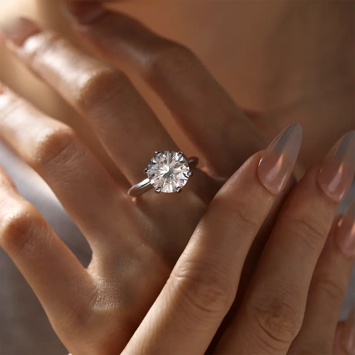 5ct Round Moissanite Classic Six-Prong Engagement Ring in 925 Sterling Silver with 18K White Gold Plating – Luxurious Sparkle