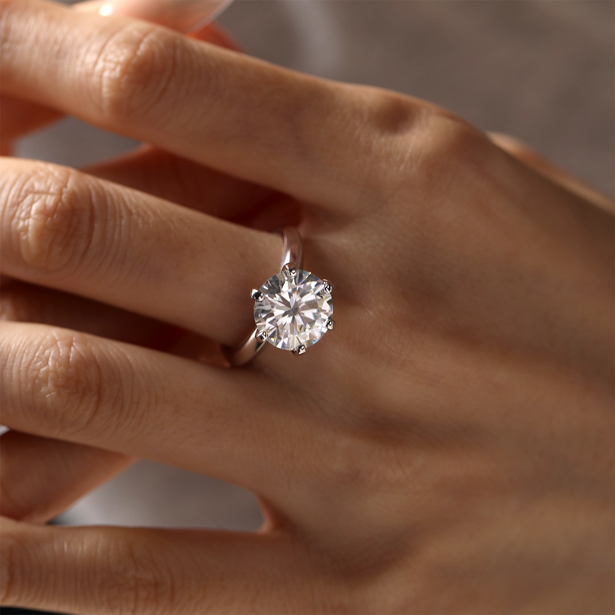 5ct Round Moissanite Classic Six-Prong Engagement Ring in 925 Sterling Silver with 18K White Gold Plating – Luxurious Sparkle