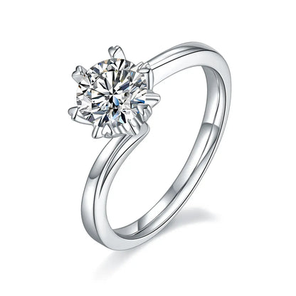 1 ct round moissanite twisted band ring in 925 silver with 18K white gold plating, six-prong setting, modern and elegant design.