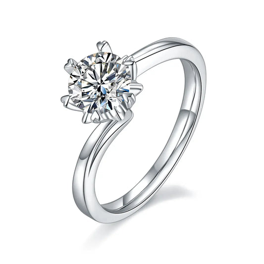 1 ct round moissanite twisted band ring in 925 silver with 18K white gold plating, six-prong setting, modern and elegant design.