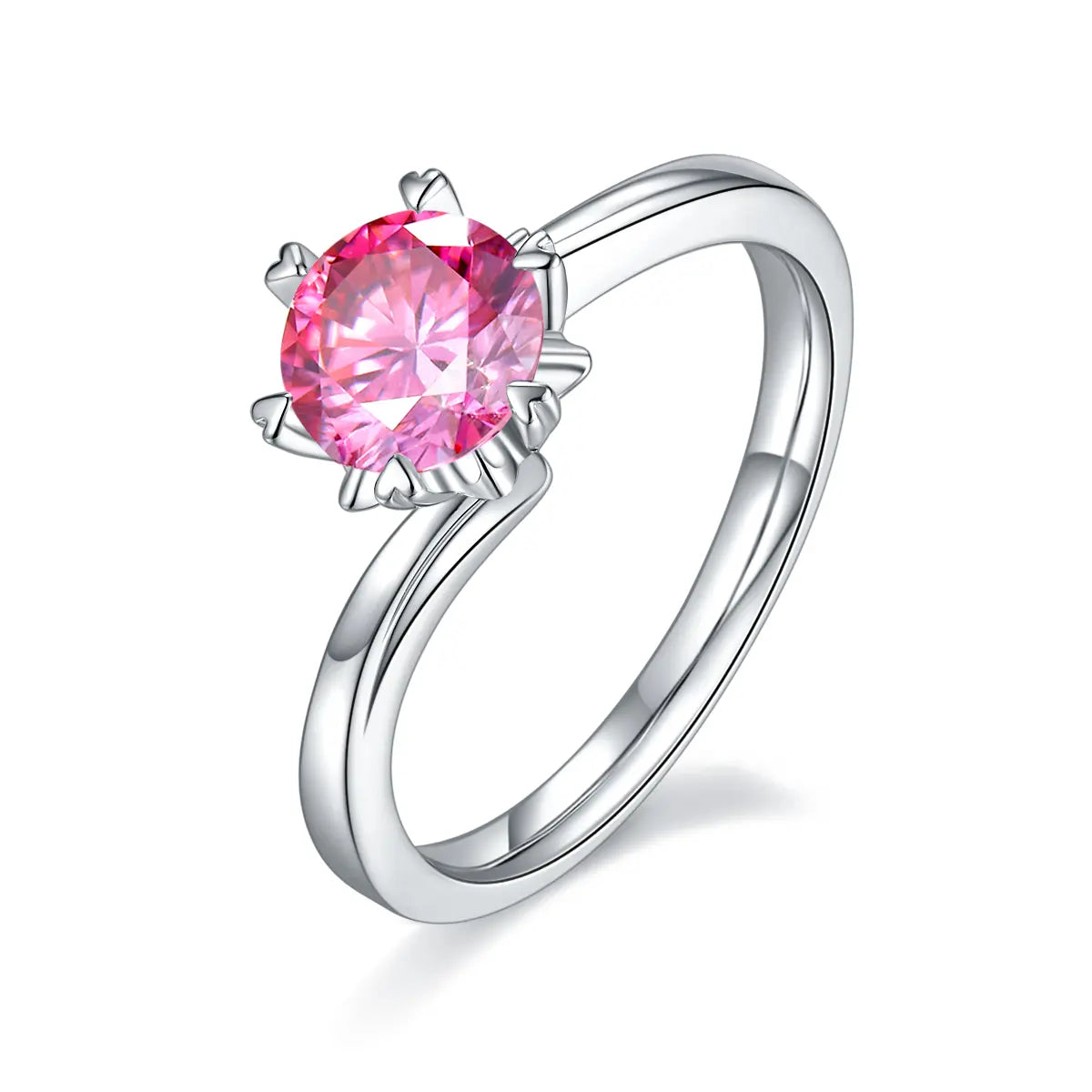 1 ct round moissanite twisted band ring in 925 silver with 18K white gold plating, six-prong setting, modern and elegant design.