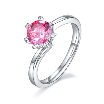 1 ct round moissanite twisted band ring in 925 silver with 18K white gold plating, six-prong setting, modern and elegant design.