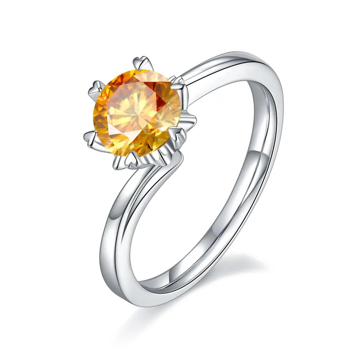 1 ct round moissanite twisted band ring in 925 silver with 18K white gold plating, six-prong setting, modern and elegant design.