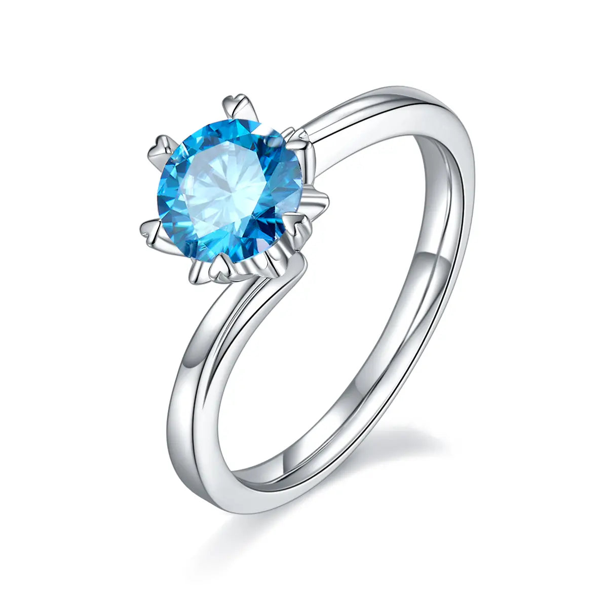 1 ct round moissanite twisted band ring in 925 silver with 18K white gold plating, six-prong setting, modern and elegant design.