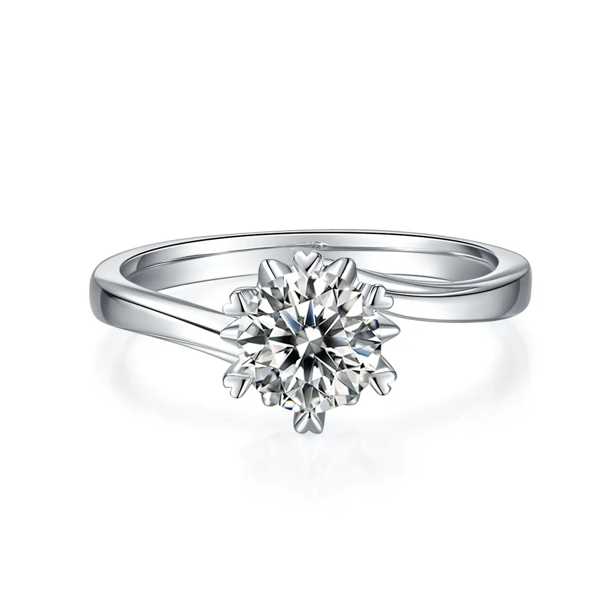 1 ct round moissanite twisted band ring in 925 silver with 18K white gold plating, six-prong setting, modern and elegant design.