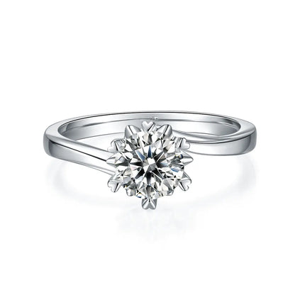 1 ct round moissanite twisted band ring in 925 silver with 18K white gold plating, six-prong setting, modern and elegant design.