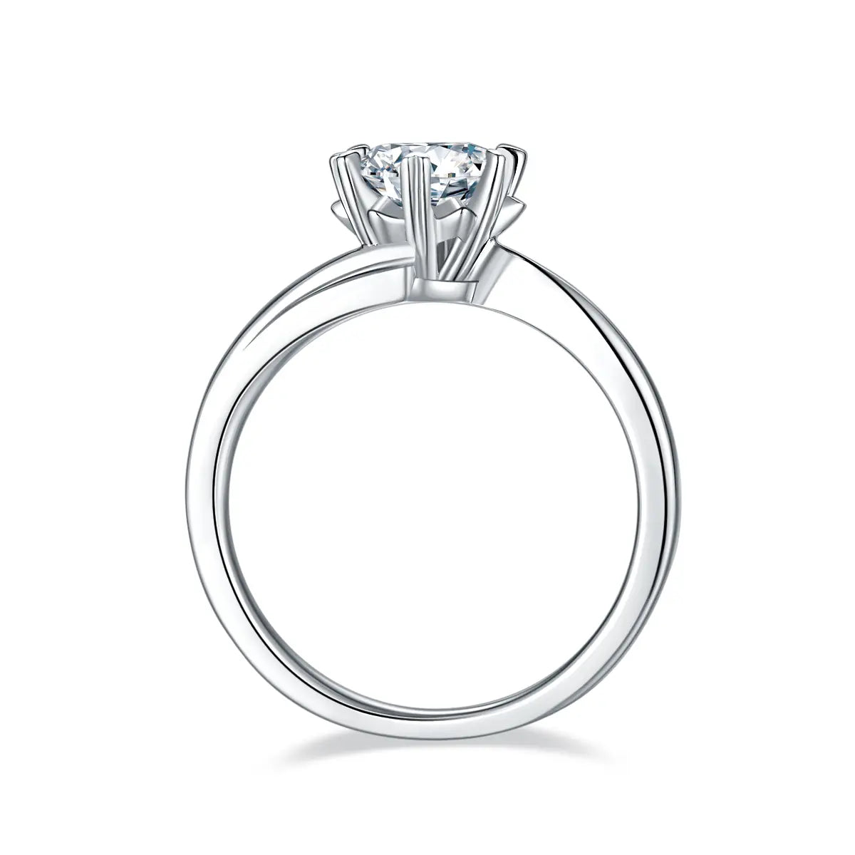 1 ct round moissanite twisted band ring in 925 silver with 18K white gold plating, six-prong setting, modern and elegant design.