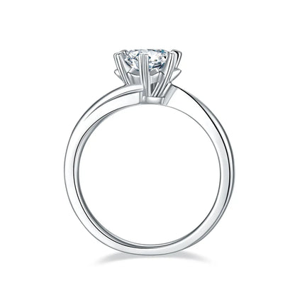 1 ct round moissanite twisted band ring in 925 silver with 18K white gold plating, six-prong setting, modern and elegant design.
