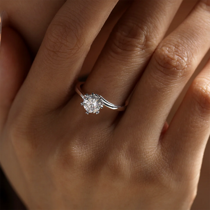 1 ct round moissanite twisted band ring in 925 silver with 18K white gold plating, six-prong setting, modern and elegant design.