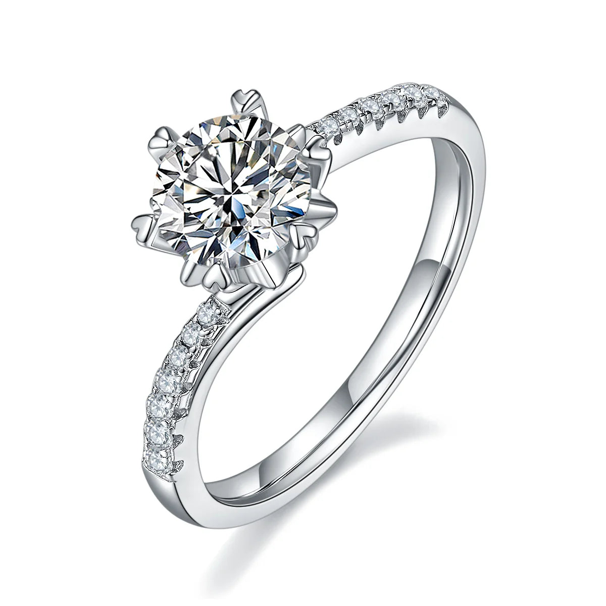 Round moissanite six-prong twisted band ring in silver, 1 carat center stone.