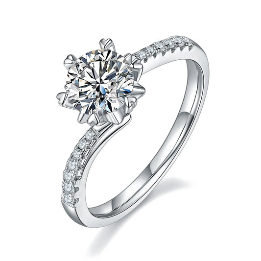 Round moissanite six-prong twisted band ring in silver, 1 carat center stone.