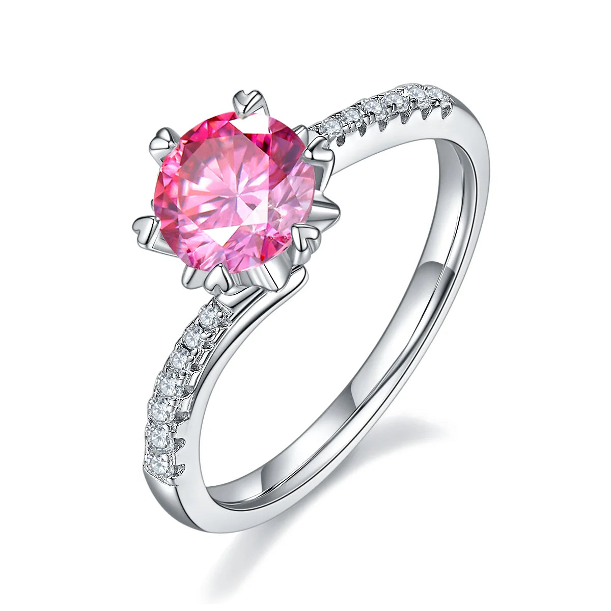 Round moissanite six-prong twisted band ring in silver, 1 carat center stone.