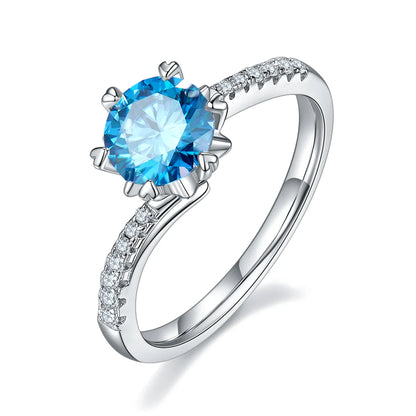 Round moissanite six-prong twisted band ring in silver, 1 carat center stone.